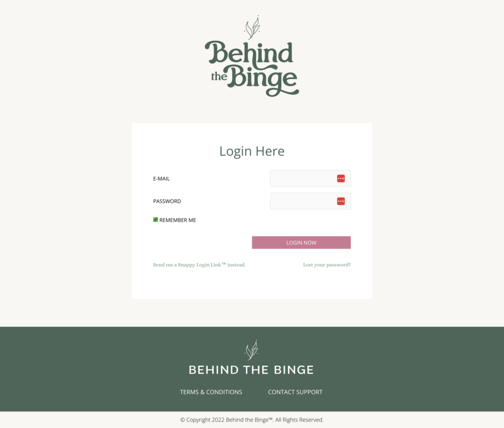 Behind The Binge Membership Login Mockup