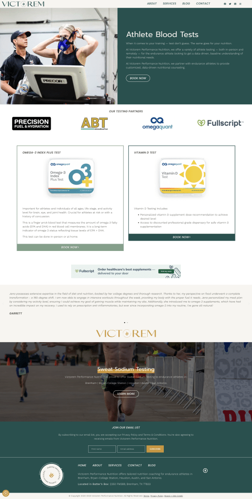 athlete blood tests page on private practice website for victorem