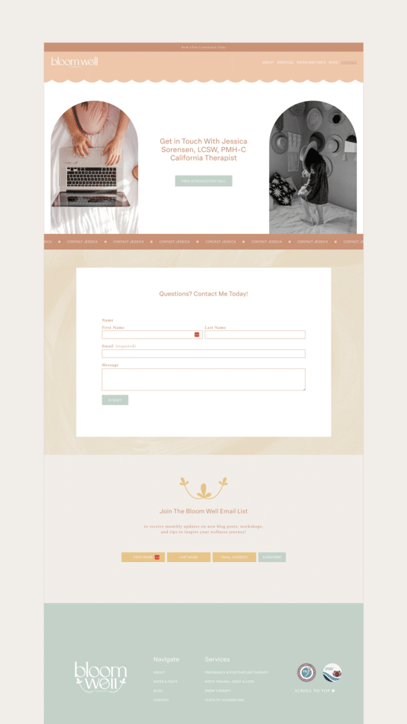 therapist website design mockup of contact page