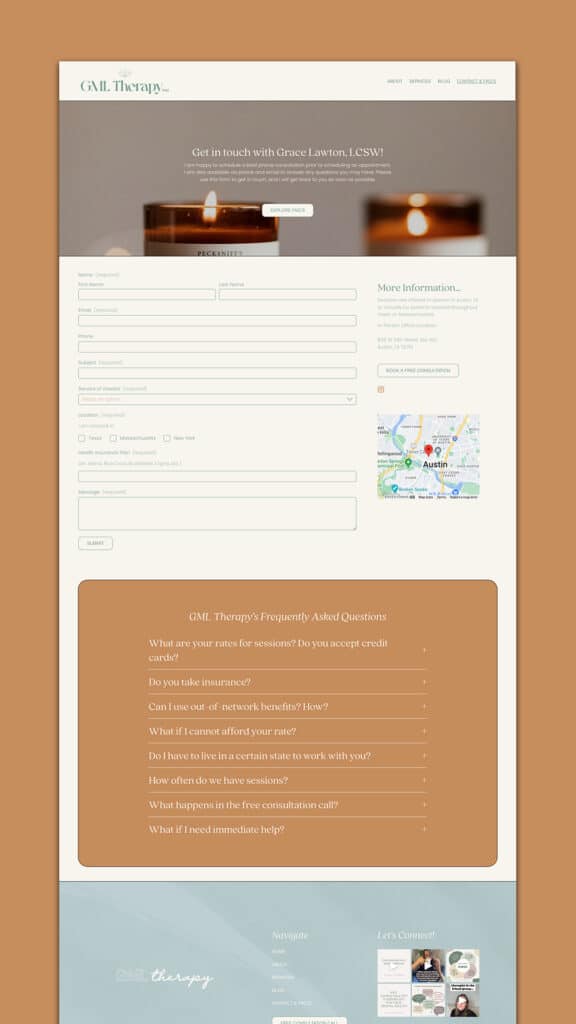 contact page on gml therapy, best therapist websites on squarespace
