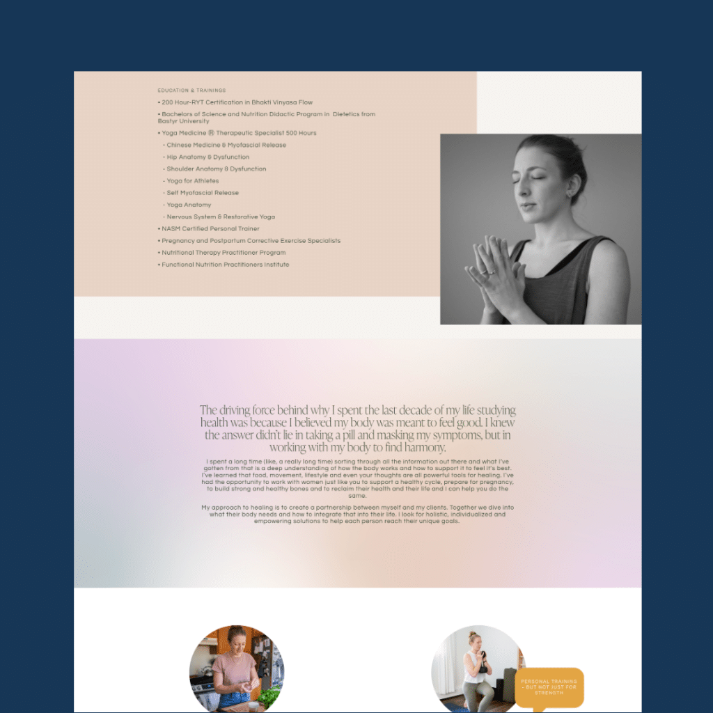 about page for michaela moves well squarespace website