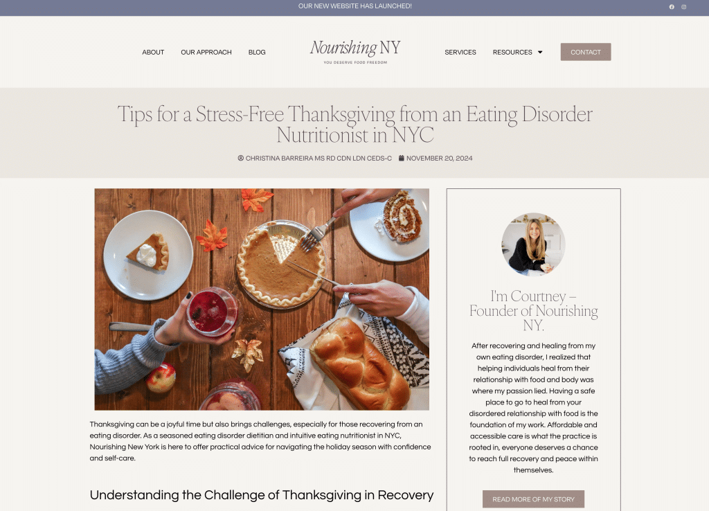 screencapture of nourishing ny private practice marketing strategies in place during thanksgiving