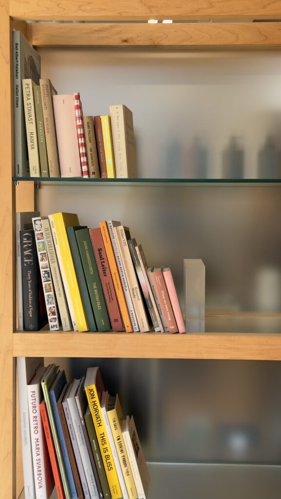 colorful books on a wooden bookshelf