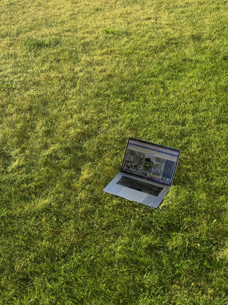 open laptop sitting in the grass