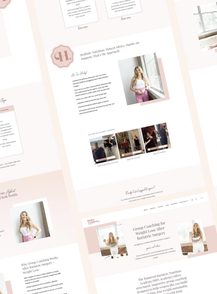 Homepage mockup for a nutrition coaching website with a smiling woman portrait, pastel pink accents, and a circular logo.
