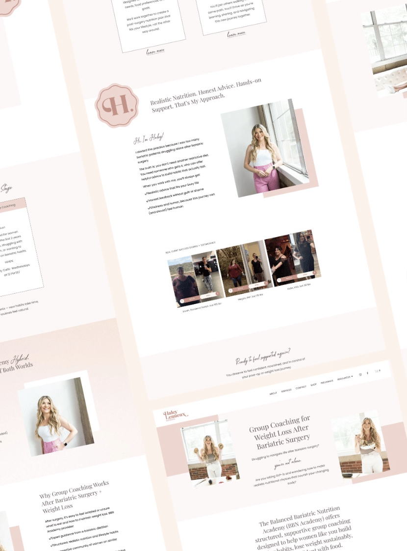 Homepage mockup for a nutrition coaching website with a smiling woman portrait, pastel pink accents, and a circular logo.
